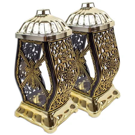 Zestaw 2 zniczy  Kapliczka Nagrobna ze złotym Krzyżem i zdobieniami Elegancki Lampion Pamięci